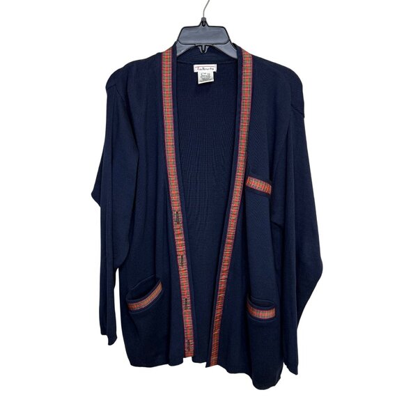 VTG Talbots Womens Navy Cardigan Sweater Red Plaid Trim Sz Medium Academia USA - Picture 1 of 8